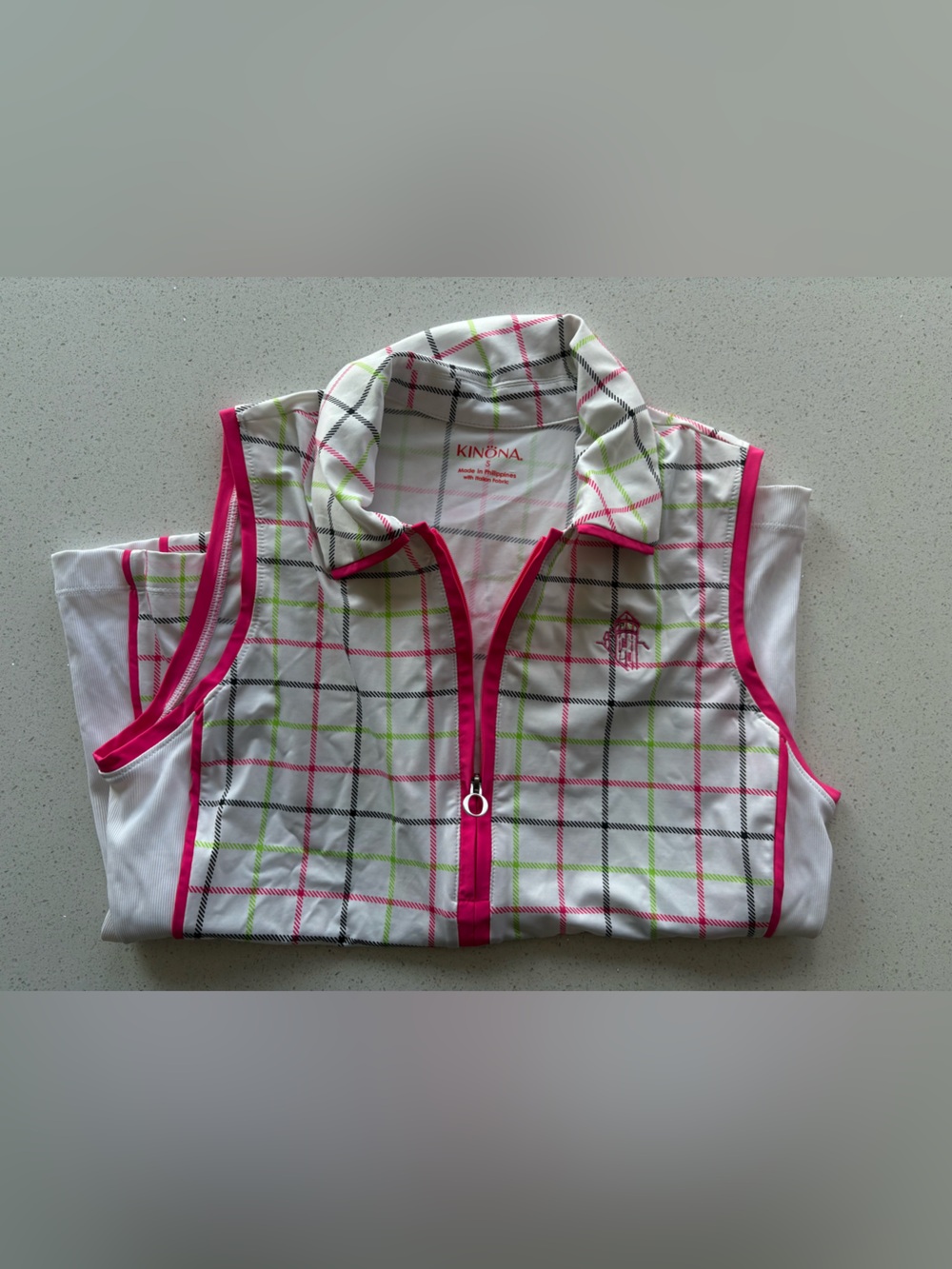 Kinona Pink Trim Plaid Golf Zip-Front sleeveless top